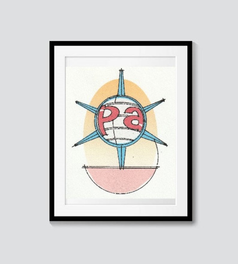 May include: A framed illustration of a stylized globe with the letters "pa" in red on a blue background. The globe is surrounded by a starburst design and a yellow and pink background.