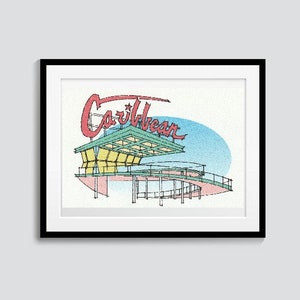 May include: A line drawing of a building with a red sign that says "Caribbean" above it. The building has a green roof and yellow walls. The drawing is on a white background.