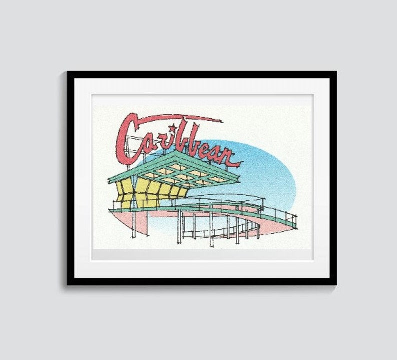 May include: A line drawing of a building with a red sign that says "Caribbean" above it. The building has a green roof and yellow walls. The drawing is on a white background.