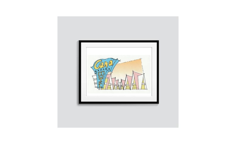 May include: A framed illustration of a building with a sign that reads "Cara Bahamas Hotel". The building is drawn in a stylized, geometric style with pink, yellow, and blue accents.