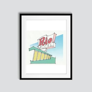May include: A framed illustration of a motel sign with the text "Rio Motel" in red and white. The sign is above a stylized drawing of a building with yellow windows and a green roof.