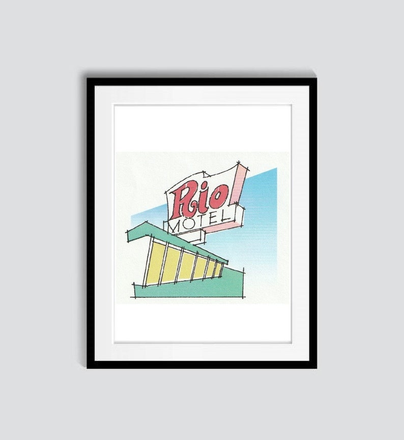 May include: A framed illustration of a motel sign with the text "Rio Motel" in red and white. The sign is above a stylized drawing of a building with yellow windows and a green roof.