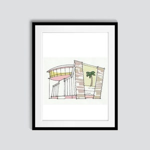 May include: A black and white line drawing of a modern building with a curved roof and a palm tree in front of it.
