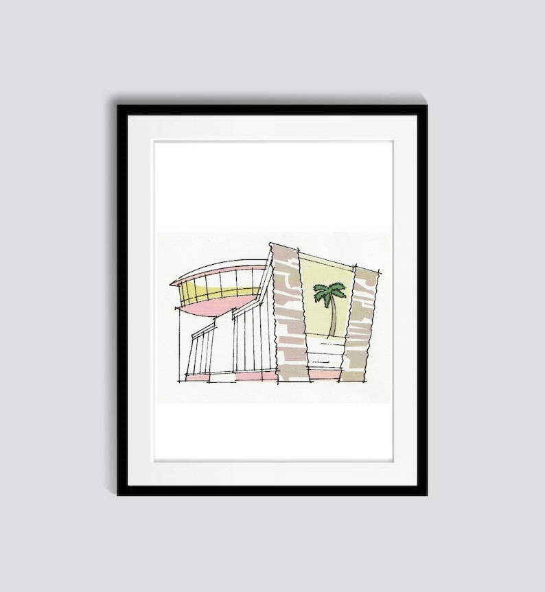 May include: A black and white line drawing of a modern building with a curved roof and a palm tree in front of it.
