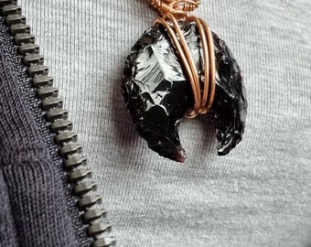 Carved Crescent Moon Pendant Black OBSIDIAN Silver, Gold or Rose Gold or silver plated - FOR  PROTECTION