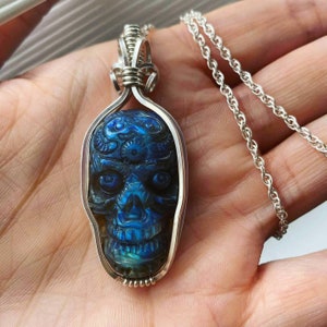 Blue Labradorite Sugar skull crystals in Sterling Silver with silver chain or black cord 5 available