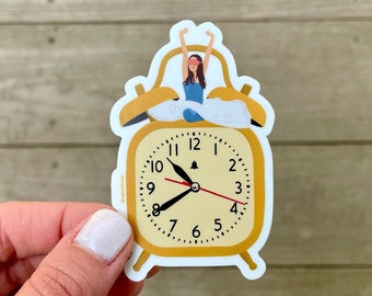 Snoozing Alarm Girl Sticker | Haltbares, wetterfestes, wasserabweisendes Aufkleber | Laptop Wasserflasche Hydroflask Journal Die Cut Hand Gezeichnet