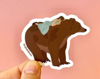 Grizzly Bear Girl Sticker | Durable Weatherproof Water Resistant Vinyl Decal | Die Cut Stickermule Hand Drawn Laptop Waterbottle Hydroflask