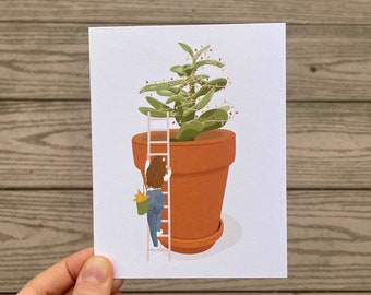 Christmas Jade Plant Girl Greeting Card | Plant Lover Card | Hand Illustrated Blank Quality Paper | Plant Card Plant Themed Plant Mom