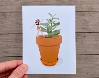 Jade Plant Girl Card | Illustrated Blank Greeting | Plant Lover