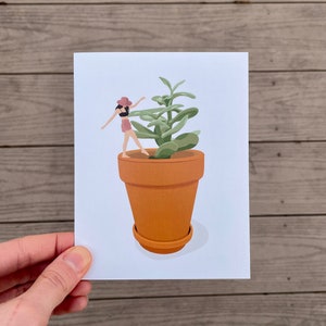 Carte de vœux Jade Plant Girl | Carte de vœux pour les amoureux des plantes | Papier vierge de qualité illustré à la main | Carte de plante Plant Theme Plant Mom