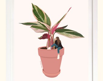 Stromanthe Triostar Girl Plant Mom Illustrierter Kunstdruck | Pflanzen Poster Schild | Zimmerpflanze Art Mailed Art Ungerahmt Wandbehang Pflanzenliebhaber