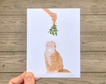 Mistelzweig Katze Grußkarte | Katzenliebhaber Karte | Handbebildertes blanko | Kitten Haustier Weihnachtskarte Mit Mistelzweig