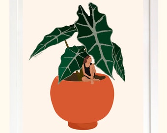 Alocasia Girl Plant Mom Illustrated Art Print | Gallery Wall Plant Poster Sign | Houseplant Art Mailed Art Unframed Wall Hanging Plant Lover