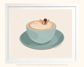 May include: A whimsical art print featuring a person relaxing in a large coffee cup filled with foamy latte. The cup and saucer are a soft teal color, set against a cream background, framed in white.