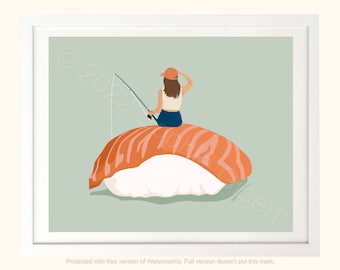 Sushi Girl Illustrated Art Print 8x10 | Gallery Wall Print Food Poster Kitchen Print Kitchen Art | Unframed Mailed Art | Funny Concept Art