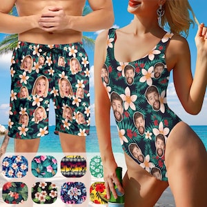 Custom Face Swimsuit: Personalized Couple&#39;s Bathing Suit & Trunks