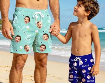 Custom Tropical Sports Theme Swim Trunks with Face, Personalized Team Beach Shorts