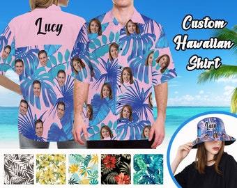 custom face name hawaiian shirt, hawaii shirt for couple family, personalized aloha shirt, hawaiian palm shirt, custom bucket hat with name