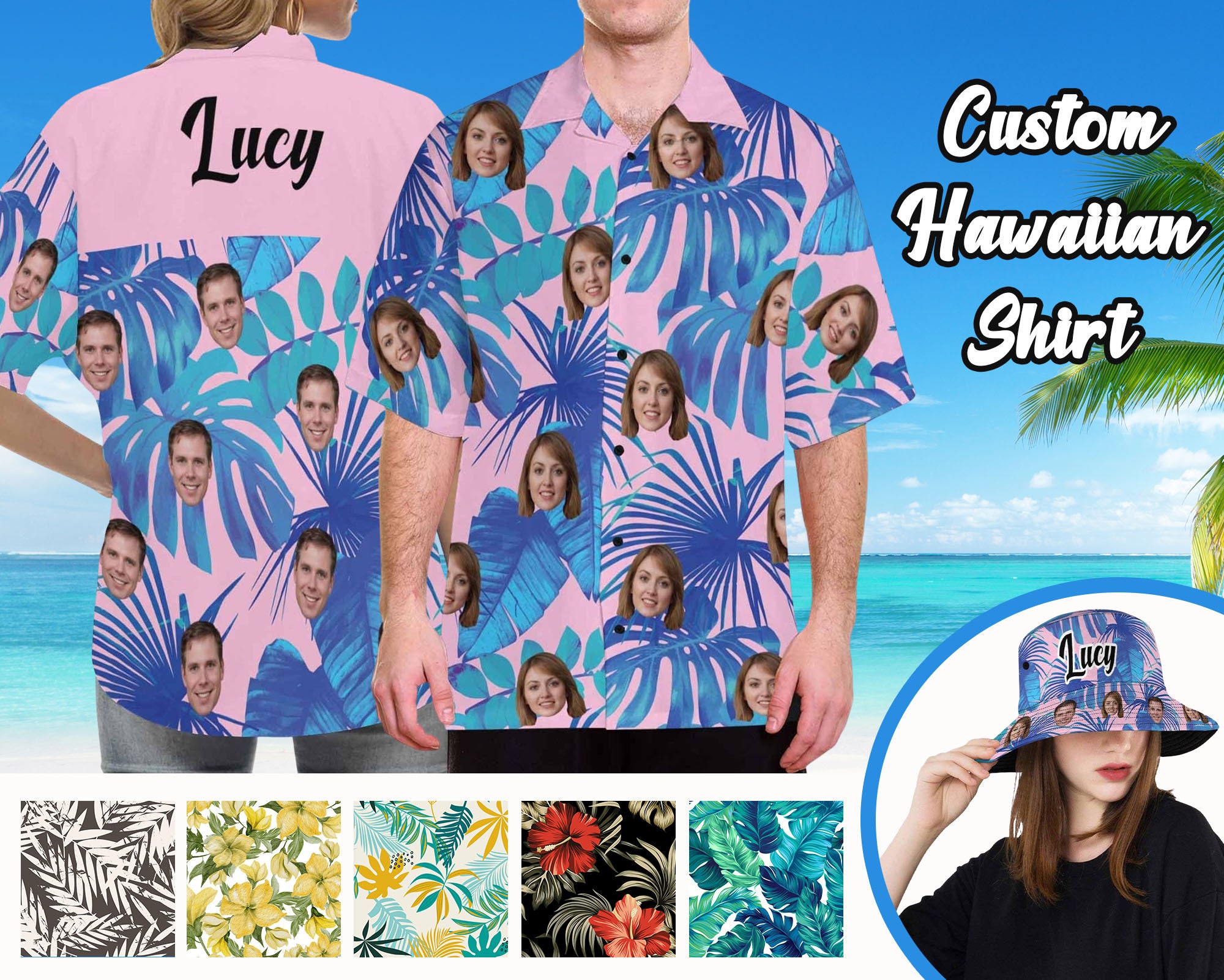 Custom Face Shirt Women's Trendy Aloha Hawaiian Shirt Short Sleeve Shirt  Fashion Apparel Green Leaves - Trendy Aloha