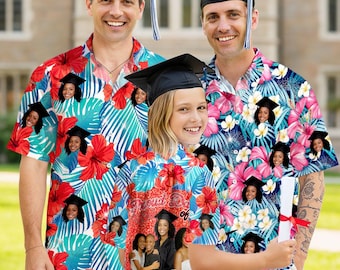Custom Graduation Hawaiian Shirt, Personalized Senior Button Gift, School Grad Party Shirts with Photo
