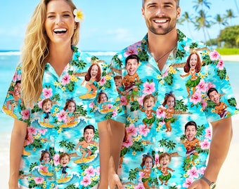 Personalized Photo Hula Dancing Hawaiian Shirt: Custom Face Tropical Button shirt