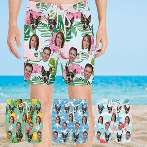 Personalized Men&#39;s Mid-Length Swim Shorts, Personalized Face Swim Shorts with Photos,Hawaii Swim Trunks with Faces,Custom Men&#39;s Beach Shorts