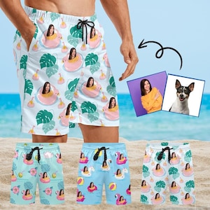 Custom Men&#39;s Swim Shorts, Personalized Swim Trunks with face, Custom Hawaii Swim Trunks for him, Father Day&#39;s Gift, Custom Face Men Swimwear