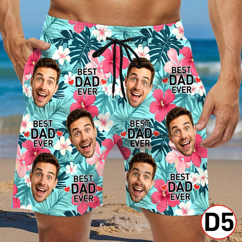 Custom Face Hawaiian Swim Trunks & Dog Bandana: Personalized Beach Shorts D5 Face Text+Pattern