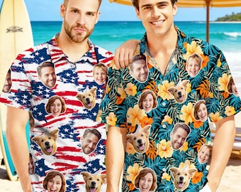 Custom Face Photo Logo Tropical Hawaiian Shirt: Personalized Button-Down Shirts, 4th of July Gifts