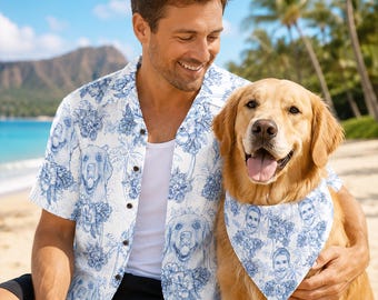 Custom Dog Photo Hawaiian Shirt for Men, Personalized Toile De Jouy Style ButtonDown