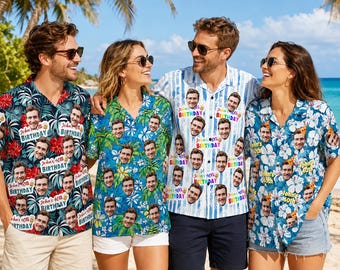 Custom Funny Face Hawaiian Birthday Shirt for Party, Personalized Group Button Shirts