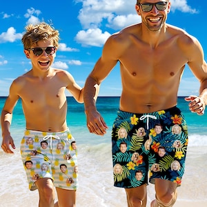 Custom Beach Shorts For Men, Personalized Swim Trunks with Faces, Customizable Face on Surf Trunks, Father&#39;s Day Gift for Dad, Pool Party