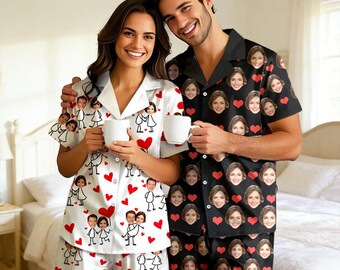Custom Couple Face Heart Short Sleeve Pajama Set: Personalized Pajama Party Valentine's Day gifts