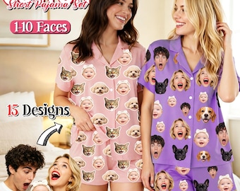 Custom Face Pajama Set for Women, Personalized Photo Short Family Pjs, Birthday Party gifts