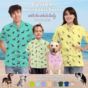 May include: A family of three wearing custom Hawaiian shirts with a dachshund pattern. The shirts are available in 60+ colors. The image also shows a dog wearing a pink bandana with a dachshund pattern. The text "ADD 1-10 YOUR FAVORITE PHOTO/LOGO/TEXT" is displayed below the image.