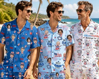 Custom Dad Ever USA Flag Hawaiian Shirt & Shorts, Personalized Fourth Of July Swim Trunks