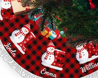 Personalized Snowman on Christmas Tree Skirt: Custom Family Name Xmas Tree Skirts