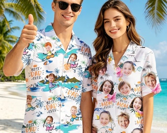 Personalized Hawaiian Shirt with Kid Faces&Text, Custom DAD Gift, Mother's Day Button Shirt