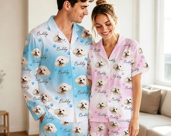 Custom Pet Face Pajamas, Personalized Long/Short Pjs Set with Name, Dog Lover Gift