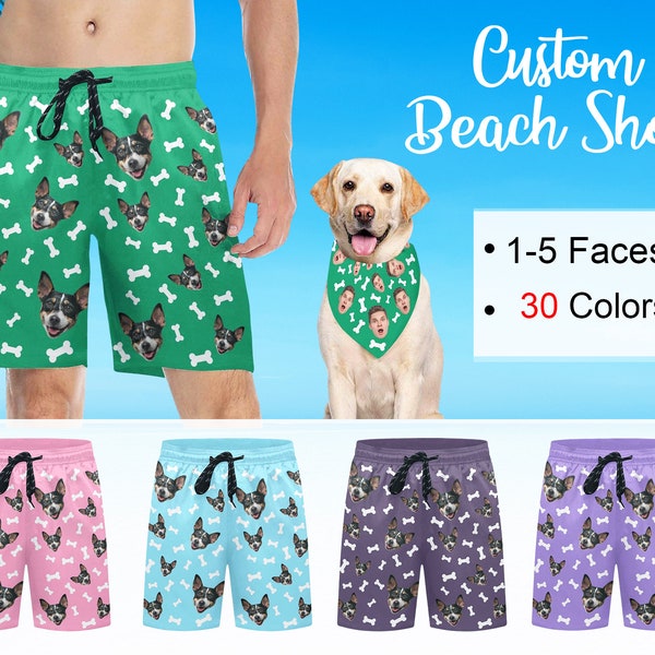 Personalized Swim Trunks Dog Bandana with Face, Custom Swim Trunks for Men, Customizable Hawaiian Beach Shorts, Present for Dad, Surf Party