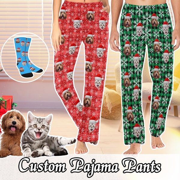 Custom Pajama Pants Christmas, Personalized Pajama Pants with Pet Photo, Christmas Gifts, Customizable Pajama Pants for Men Women Family