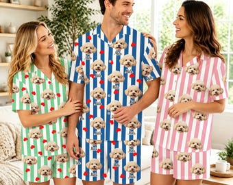 Custom Face Stripe Short Sleeve Pajamas Set, Personalized Photo Sleepwear Gift, Couple Loungewear