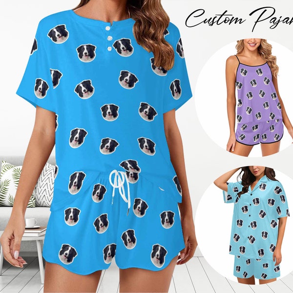 Custom Women Short Sleeve Pajama Set, Personalized Pajama with Dog Face, Custom Pajama with Pet Photo,Gift for Family Wife,Mother's Day Gift