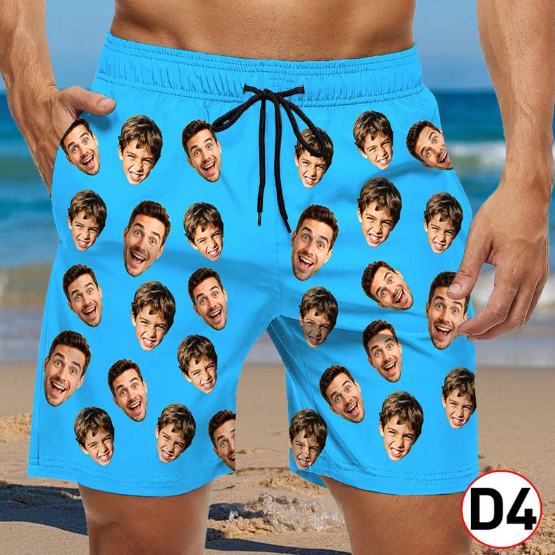 Custom Face Hawaiian Swim Trunks & Dog Bandana: Personalized Beach Shorts D4 Face+Color