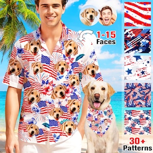 Custom American Flag Hawaiian Shirt with Faces, Personalized Independence Day Hawaiian Shirt, 4th of July shirt for Men, Dog Face on Shirts