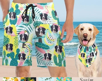Custom Face Swim Trunks & Dog Bandana Set: Personalized Hawaiian Shorts