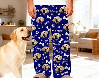 Personalized Pet Face Flannel Pajama Pants with Name: Custom Xmas Gifts for Dog Lover