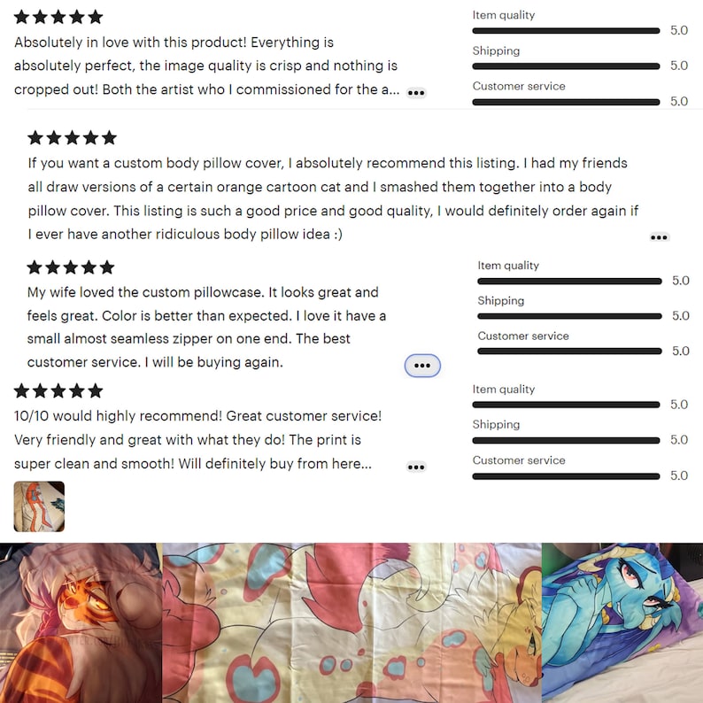 May include: Three customer reviews for a custom body pillow cover featuring a cartoon cat. The reviews are all positive and include five-star ratings for item quality, shipping, and customer service.