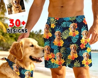 Custom Pet Photo Hawaiian Swim Trunks: Personalized Dog Face on Beach Shorts